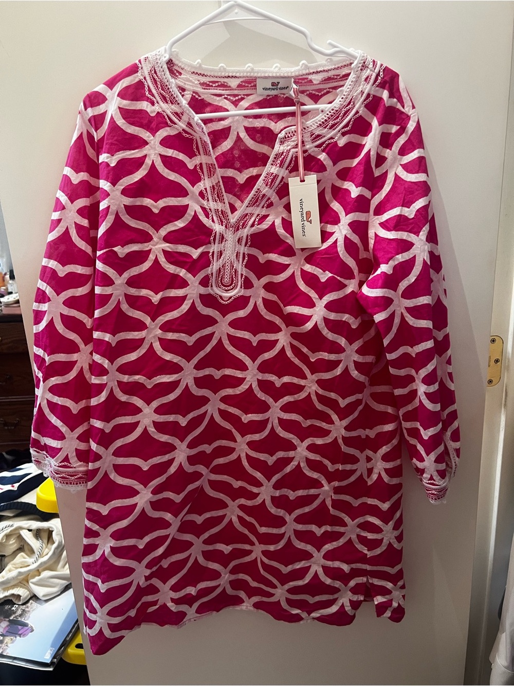 Vineyard Vines Hot Pink and White Crochet-Trim Tunic